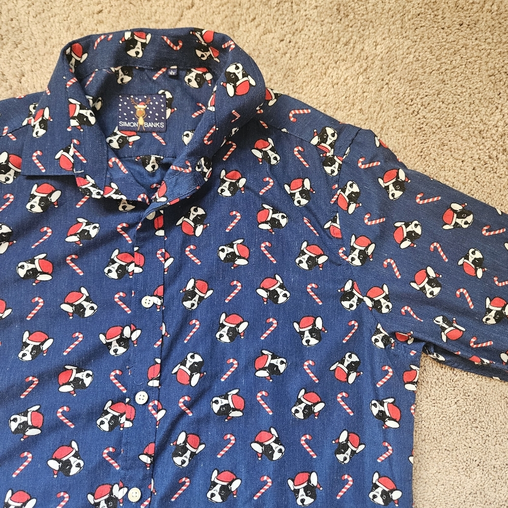 Men's Simon Banks L 16.5 Bulldog Terrier Long Sleeve Button Down Christmas Shirt